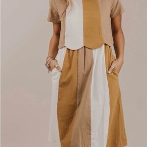 Roolee Tan and White Colorblock Midi Dress